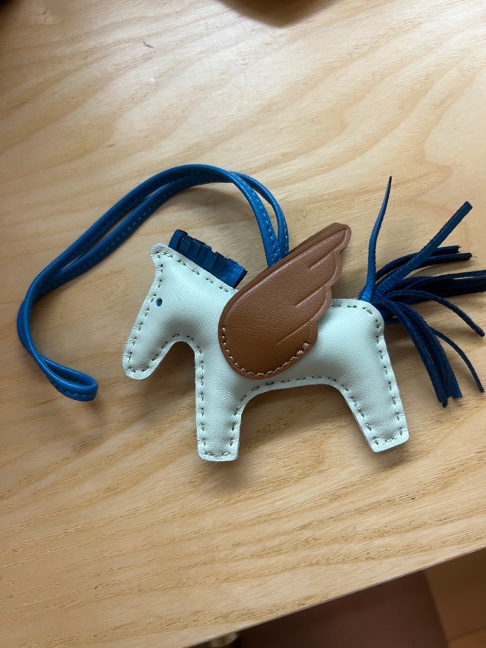 White and Blue Pony Bag Charm with Brown Wing
